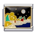 Italian modular charm in silver steel with a colorful winter snow scene enamel pattern - ICJ316/Winter Night Fox