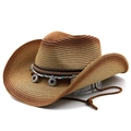 Men's western cowboy straw hat with gradient coffee color and turquoise ethnic band - M (56-58cm) / Khaki Rust Red Gradient