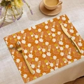 Fall placemat with orange maple leaf print and golden cutlery on fabric texture - Bright Orange Maple Leaf Print