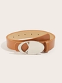 Close-up of brown leather belt with silver semi-circular buckle on beige background - Khaki Double Ring Buckle (1401)