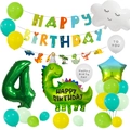 Detailed set of dinosaur party decorations with balloons banners and a green number 4 foil - Number 4 Dinosaur Set