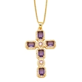 Detail of cross pendant necklace with purple gemstones and micro-pave crystals on gold chain - Purple