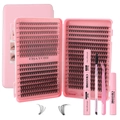 Pink 10D and 20D cluster lash extension kit with bond, seal, remover and tweezers - 10D+20D Eyelash Book + Pink Tool Set