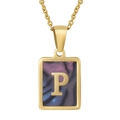 Square stainless steel pendant necklace with letter P and dark shell inlay in gold finish - Colorful Shell P