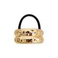 Detailed view of golden elastic hair tie featuring a hammered irregular texture metal ring - Gold Double Bar Liquid Metal