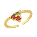 Golden cherry open ring with red crystals and green marquise leaf on a beaded band - Adjustable Open / Cherry