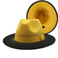 Detail eines gelb-schwarzen zweifarbigen Fedora-Hutes mit Innenfutter und Etikett - Gelb+Schwarz