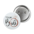 White tinplate badge with Team Bride text and rose gold glitter ring design with metal pin - Team Bride / Rose Gold