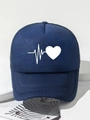Navy blue trucker hat with white heartbeat print and breathable mesh back on white stand - One Size / Navy Blue