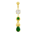 Vue détaillée du piercing nombril doré avec zircon goutte vert et pendentif fleur - Vert(24060701-5)