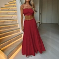 Women's 2-piece red vacation set with cropped tube top and tiered maxi cake skirt - S / Burgundy