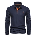 Polo a maniche lunghe da uomo blu navy in cotone con ricamo di cervo arancione - S / Blu Marino e Arancione