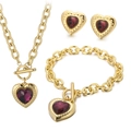 Golden OT buckle jewelry set with deep red heart crystal pendant necklace and earrings - Gold 3-Piece Set - Dark Red Gem (KS193461-Z)