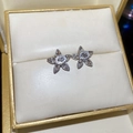Detailed close-up of silver flower stud earrings with crystals in a jewelry box - White Flower / White
