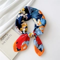 Square silk scarf with navy blue floral print and red flowers for neck decoration - Hundred Flowers Blooming