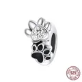 925 silver charm with double paw prints featuring a heart zircon and black enamel - Black and White Two-Tone Paw Bead (SCC1846)
