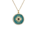 Gold evil eye pendant necklace with micro-pave crystals and blue enamel on white background - Malachite green