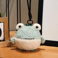 Cute green plush frog keychain pendant with crown detail and soft curly texture - Green Crown Frog