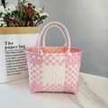Pink and white checkered hand-woven plastic picnic basket with durable double handles - Plain Plaid / Beige and Pink Grid