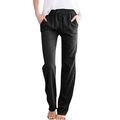 Detail of black cotton linen trousers showing the drawstring elastic waist and fabric texture - S / Black