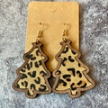 Pendientes bohemios de árbol de Navidad con estampado de leopardo y borde de madera - Árbol de Navidad de Pelo de Caballo Leopardo Marrón Clásico