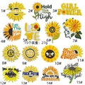 Close-up of assorted sunflower and character embroidery patches for clothing and bags - Sunflower Bee 15 Piece Set