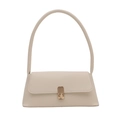 Minimalist beige PU leather baguette shoulder bag with a sleek golden metal clasp - White