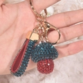 Blue mushroom crystal keychain with gold hardware and blue rhinestone leather strap - Peacock Blue + Red