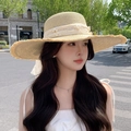 Beige wide brim straw hat with white lace ribbon and pearls for summer vacation - D-425 Beige With Frayed Brim And Wide Brim / M (56-58cm)