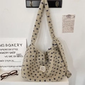 Cream plush tote bag with blue floral patterns and an adjustable shoulder strap - Beige Blue