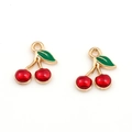 Mini cherry fruit charm pendant in red and green enamel with golden alloy plating - Small Cherry