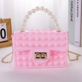 Pink silicone pop fidget bag for girls with pearl handle and metal crossbody chain - Large / Large Pink