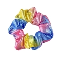 Close-up of rainbow gradient scrunchie with metallic mesh texture and elastic band - Metallic Mesh / Rainbow Gradient