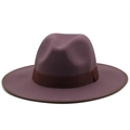 Classico cappello fedora in lana viola con nastro grosgrain marrone e bordo in pelle - M(56-58cm) / Viola scuro