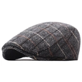 Men's wool newsboy cap in gray herringbone tweed with classic brown plaid pattern - Adjustable / Gray