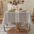 Rectangle waterproof faux linen tablecloth with beige stripes and decorative white tassels - 90*90cm / Coffee Embroidered (Waterproof Symmetric Double Stripe)