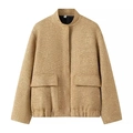 Detail of champagne gold tweed jacket with sequins, standing collar, and woven texture - XS / Tweed Style / Gold