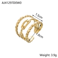 Detail showing gold stacked ring with twisted texture and chain link design measurements - AJ41297 Triple Layer / Gold