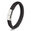 Pulsera trenzada de cuero negro para hombre con costuras blancas y cierre magnético - 19cm / Marrón
