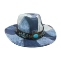Blue patchwork denim cowboy hat with floral embroidery and turquoise stone detail - One Size / Light Blue