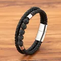 Bracciale da uomo a doppio strato in pelle nera intrecciata con pietre laviche e chiusura - 21cm / Colore acciaio/Pietra lavica