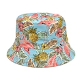 Detailed close-up of flamingo and pineapple prints on light blue cotton bucket hat - M (56-58cm) / Sky Blue