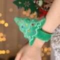 Green plush Christmas tree snap bracelet with colorful embroidery on a wrist - Plush Christmas Tree