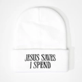 Bonnet en tricot blanc avec broderie noire Jesus Saves I Spend sur le revers - Blanc