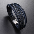 Bracelet multicouche en cuir pour homme avec tresses bleues et fermoir magnétique en métal - Bleu marine