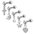 Set de 5 boucles d'oreilles en acier titane argenté avec breloques cœur, lune et étoile - Set de 5 pièces