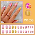 Faux ongles carrés français gingembre et rose avec des motifs floraux doux - Style Floral Français Jaune Rose (W1058 Style Colle)