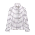 White and purple checkered ruffle collar long sleeve shirt with vintage bell cuffs - S / White Grid