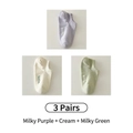 Three pairs of pastel cotton ankle socks in cream, purple, and green with hello text - One Size / Milky Purple, Cream and Milky Green