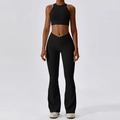 Women's black ribbed yoga set featuring cross waist flared leggings and sports tank top - S / -2 Bra + Flare Pants / Premium Black